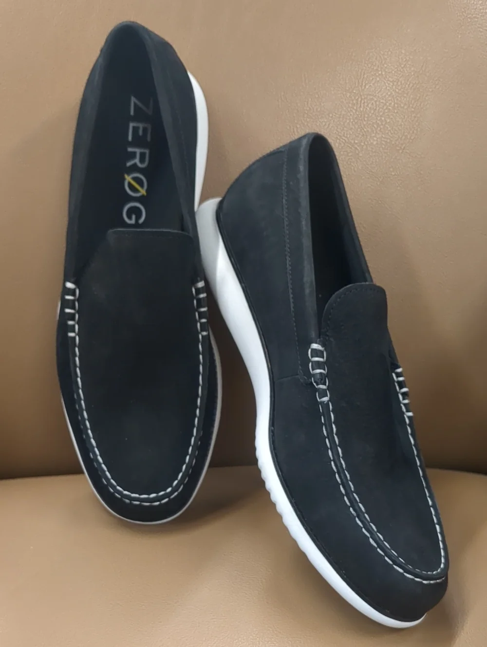Cole Haan Black Suede Slip-On Loafers with White Sole